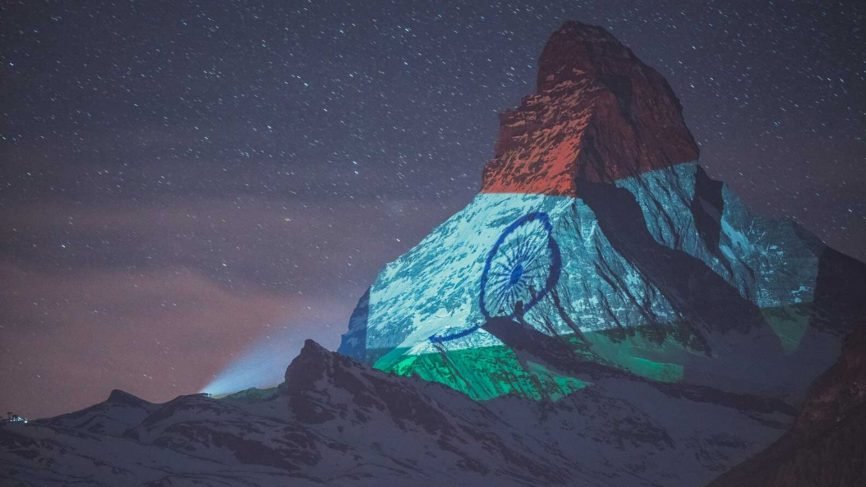Indian Flag Shines on Switzerland Alps Mountain