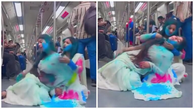 Two Girls in Metro Play Holi on Rang Laga De Song
