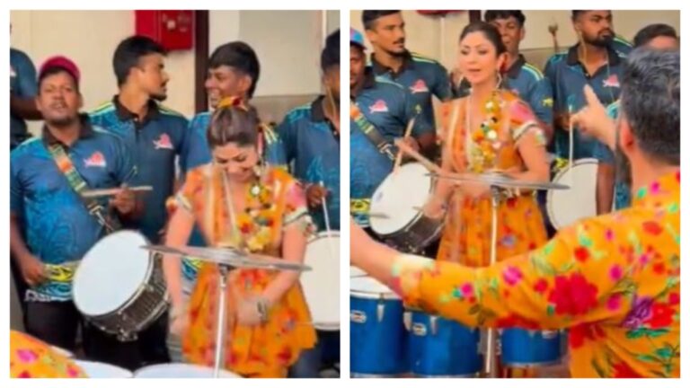 Shilpa Shetty playing Drum on Ganpati Pujan